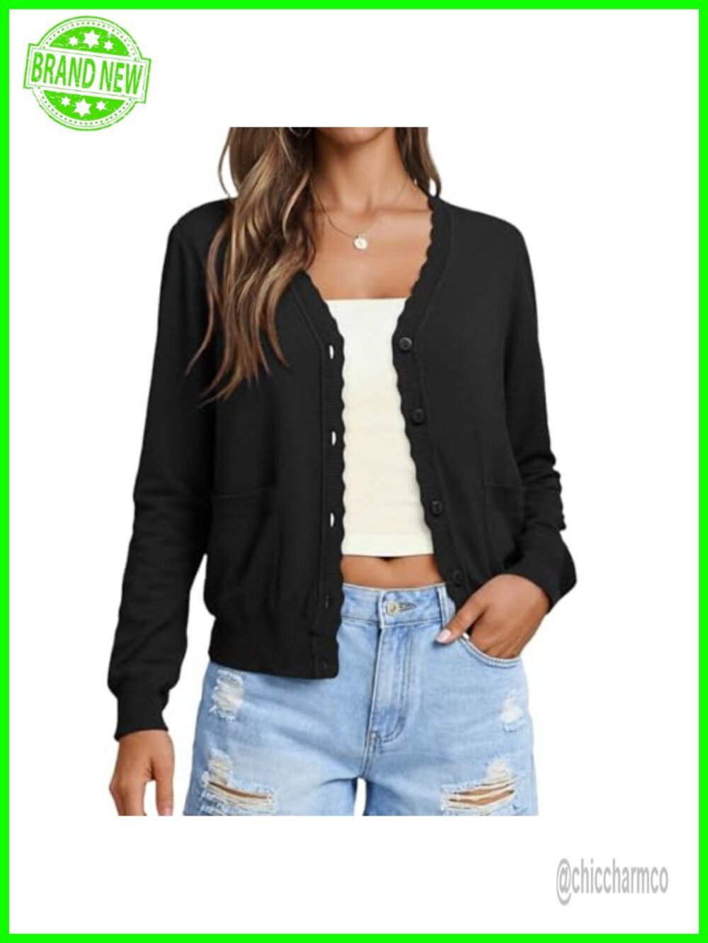 Womens Long Sleeve V Neck Button Up Lightweight Knit Cardigan with Pockets
